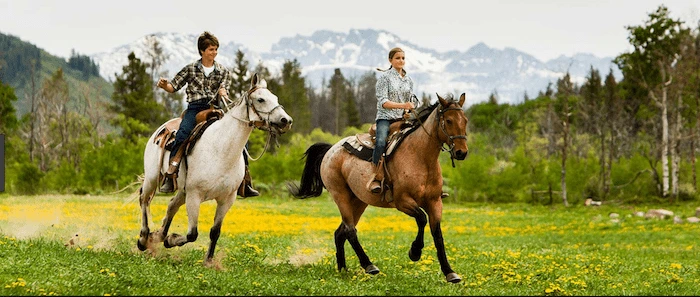 Confident plus-size woman riding Maidenhead a horse through a field with a smile on her face.